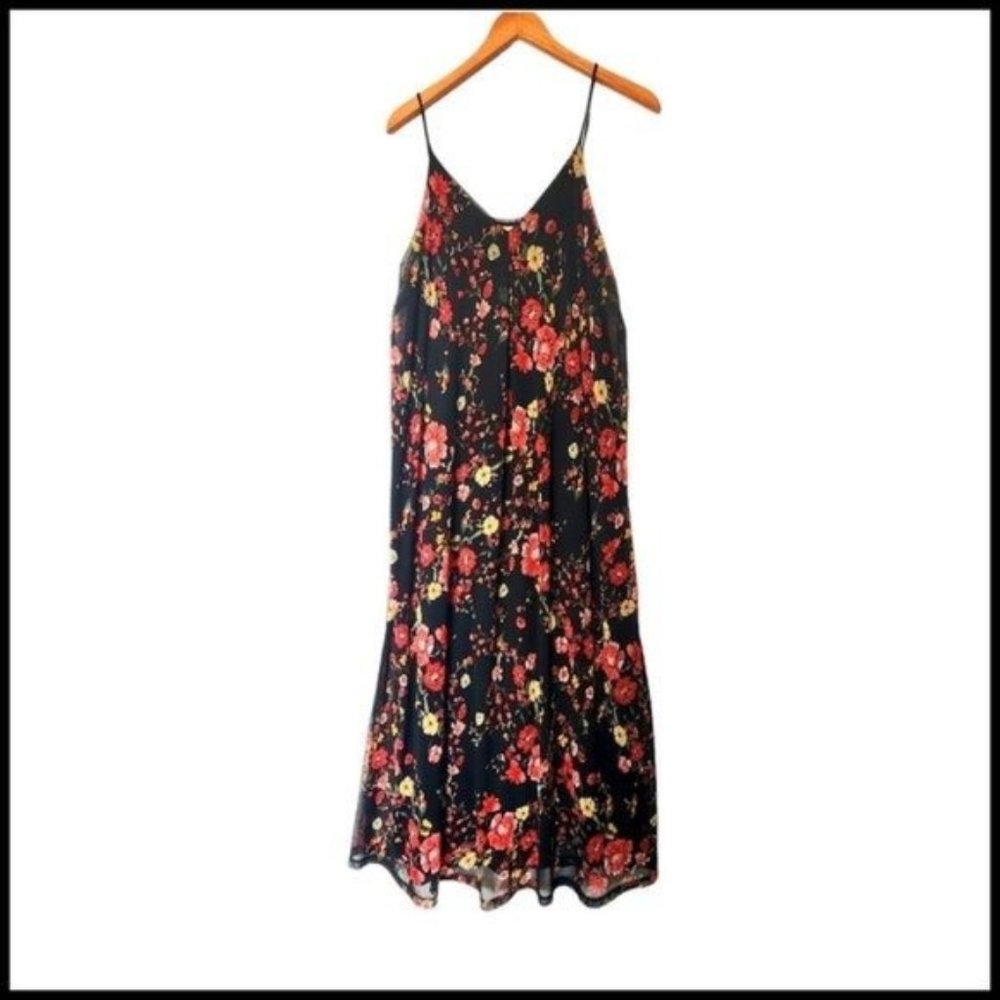 Sejour Black Red Floral Print Layered Mesh V-Neck Maxi Sheath Dress Plus 1X